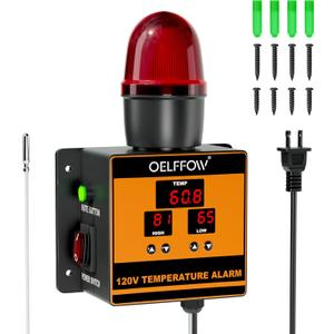120 V Temperature Alarm, Temperature Monitor with 105 dB Integrated Sound & Light Alarm, Temp Controller for Greenhouses, Farms, Warehouses, One-Key Mute Button