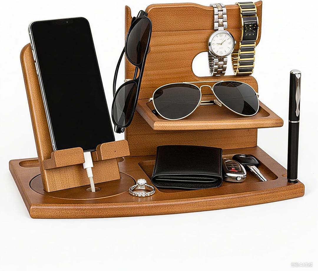 Wooden Desk Organizer with Phone Stand - 11.2"7.3"7.3" Multifunctional Desktop Storage for Phone, Glasses, Watch, Office Supplies, Bedside Organizer & Wood Dock Station