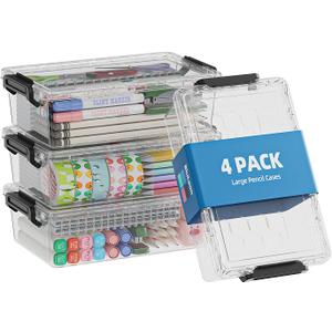 BiuLeon 4 Pack Extra Large Pencil Box, Plastic Pencil Case Organizer, Clear Crayon Box Marker Organizer, Stackable Craft Organizers and Storage for Pen, Craft, Art Supply(Black)