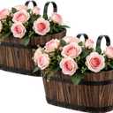 2-Pack Wooden Railing Planters, 13.2 inch Hanging Flower Pots with Detachable Hooks for Balcony, Fence, Deck, Garden, Country Home Decor -Carbonized, Large