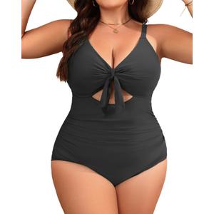 Aqua Eve Plus Size One Piece Swimsuit for Women Tummy Control Bathing Suit Cutout Swimwear (Black) 18W