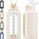 64 oz Glass Water Bottles with Straw Half Gallon Large Motivational Water Bottle with Time Marker Sports Water Bottles with Silicone Sleeve and Handle Lid Water Jug for Gym Workout (White)