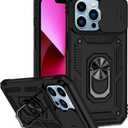 Phone Case for iPhone 13 Pro with Camera Lens Cover HD Screen Protector,Military Grade Ring Car Mount Kickstand Hybrid Hard PC Soft TPU Shockproof Protective Black