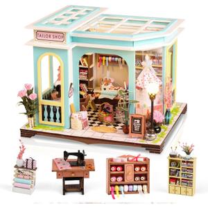 DIY Miniature House Kit,Tailor Shop Dollhouse Miniature Kit with LED & Furniture,Mini Diorama House Building Kit for Adults,3D Wooden Craft Tiny House Mini Model Kit,Home Decor Family Birthday Gifts