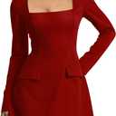 YMDUCH Women's Sexy Square Neck Long Sleeve Mini Party Dress (Red, XL)