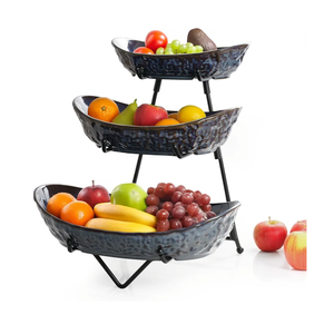 3 Tier Fruit Bowls with Metal Stand, Porcelain Fruit Basket for Kitchen Counter Fruit Display Stand for Party, Vegetable,Snack, Dessert, Blue