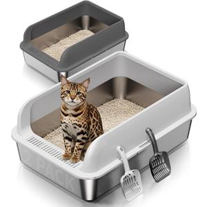 2 Pack Stainless Steel Cat Litter Box with Lid, Large Metal Litter Pan for Adult Cats, Multi-Cats, High Sides with Anti-Leakage Enclosure, Easy Cleaning, Non-Stick, Anti-Scratch,Include Scoop