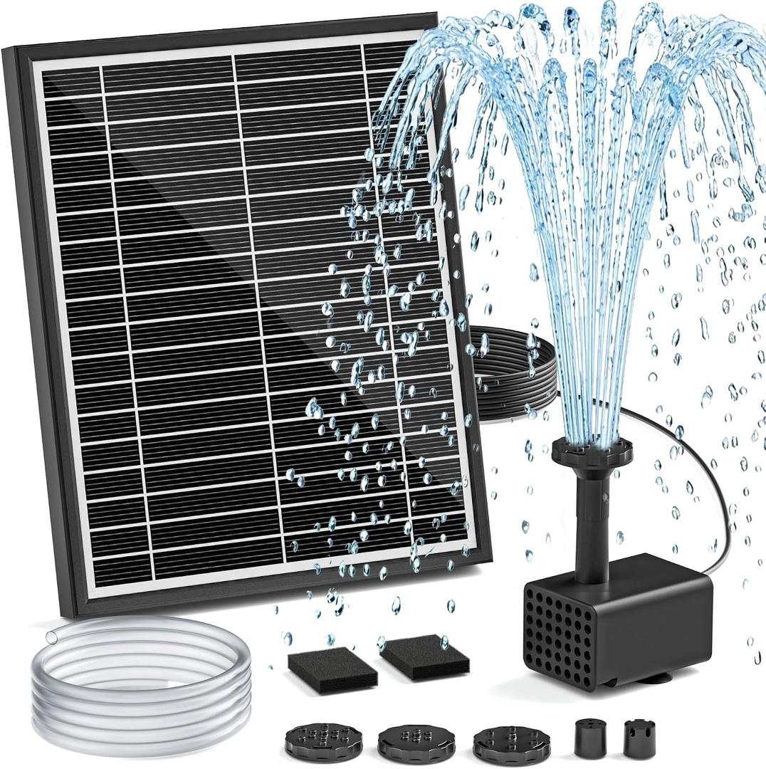Solar Fountain Pump for Bird Bath, 5.5W Solar Pond Pump with 9.8ft Power Cord, 5 Spray Modes & 4ft Hose, Dry-Run Protection Solar Water Pump for Small Pond Fish Tank Garden Water Features
