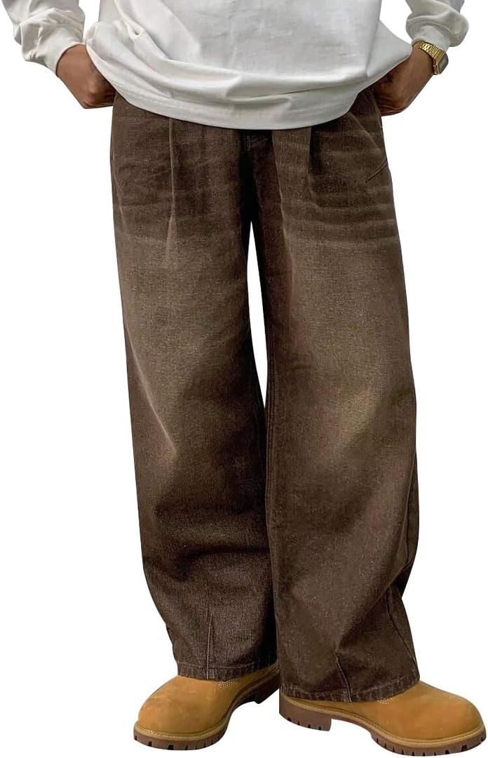 HUNGSON Mens Baggy Jeans for Men Women Y2k Skater Vintage Plain Pants Casual Wide Leg Jeans Loose Fit Denim Jeans (Small, Brown)