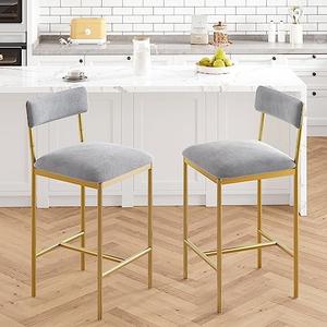 GarveeHome Bar Stools Set of 2, Upholstered Counter Height Bar Stools with Backrest and Footrest, Kitchen Barstools for Island, Counter Bar, Easy Assembly, Gold-Gray