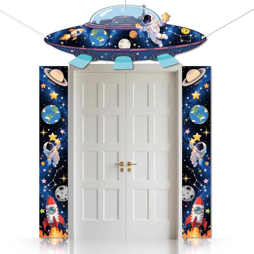 CUTHOLLOW 3 Pcs Outer Space Themed Party Decorations Porch Sign Banner - Spaceship Astronaut Planet Birthday Decorations Hanging Door Banner, Classroom Decor Photo Backdrop Party Supplies