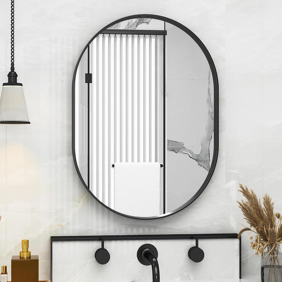 Suidia 22" x 30" Bathroom Mirror, Bathroom Vanity Mirror Metal Framed, Wall-Mounted Mirrors for Bedroom, Living Room, Entryway, Hallway, Silver, Oval Style