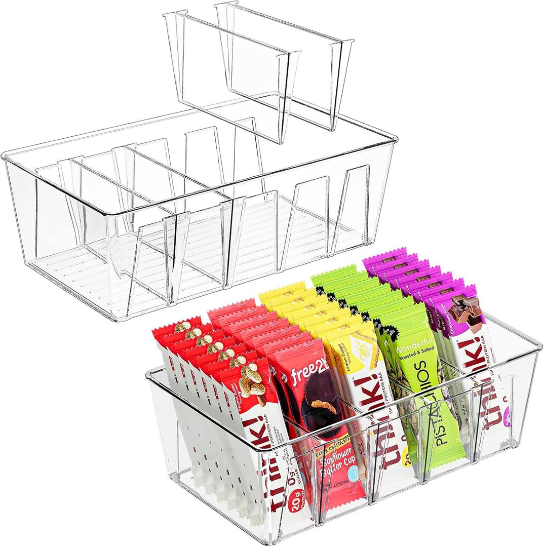 Puricon 2 Pack Pantry Organization and Storage Bins for Kitchen Fridge Countertop Cabinet, Stackable Clear Plastic Storage Racks with Removable Dividers, 5 Compartments for Snacks Packets Spices