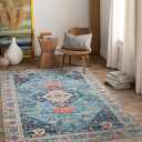 QBSM Washable Area Rug 6' x 9' Boho Entryway Rug Vintage Throw Rug Indoor Non-Slip Low-Pile Carpet Ultra Soft Rug for Living Room Bedroom Kitchen Laundry Room Office, Blue/Multi/Red