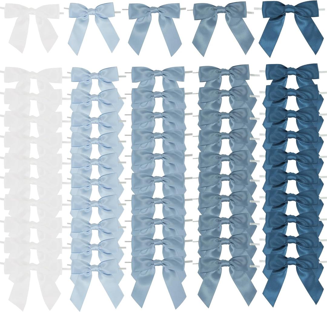 AIMUDI 5 Colors Dusty Blue Twist Tie Bows 3.5" Premade Blue Satin Ribbon Bows for Gift Wrapping Pre-Tied Treat Bows for Wedding Decor, Bridal Shower, Baby Shower, Wreaths, Party Favors - 50 Counts