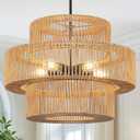 22" Boho Hand Woven Rattan Chandelier Light Fixture, 5 Lights Farmhouse Pendant Light for Kitchen Island, 3 Round Large Wicker Chandeliers for Dining Room Living Room Bedroom Hallway