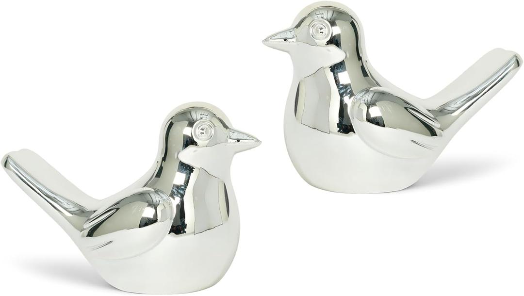 Silver Bird Statue Pair, 2-Pack 3 inch Shiny Accent Small Knick Knacks for Home Office Shelf Desk Coffee Table Decoration