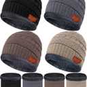 Syhood 4 Sets Kids Winter Hat and Scarf Set Warm Fleece Lining Beanie Hats Knitted Cap Scarf for 5-14 Years Boys Girls (Black, Gray, Brown, Khaki)