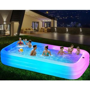 Inflatable Swimming Pool with Light, 145'' X 74'' X 22'' Solar Family Inflatable Pool for Kids, Adults, Family, Large Kiddie Pool, 7 Color Large Blow Up Pool for Backyard (Blue)