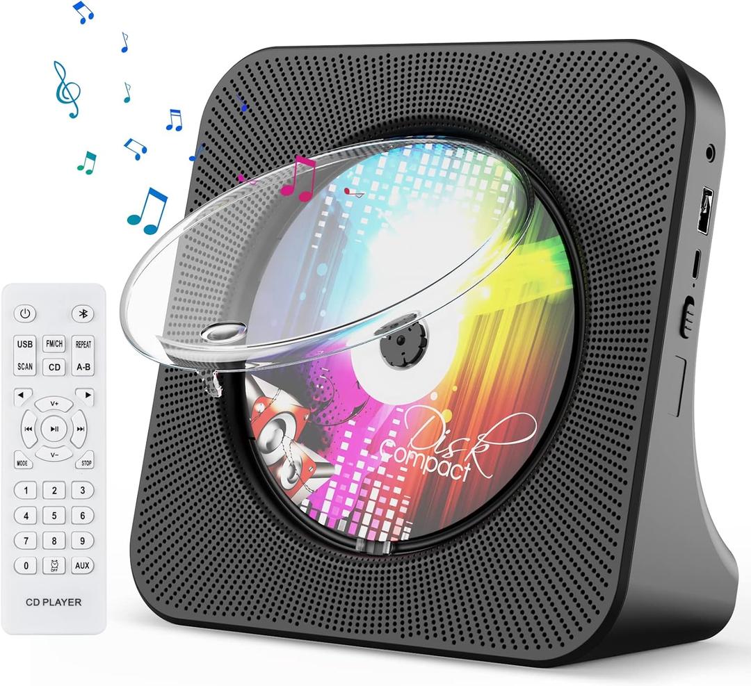 Gueray Portable CD Player, Bluetooth CD Kpop Player for Desktop with HiFi Sound Speaker, FM Radio CD Music Player for Home with Remote Control, Dust Cover, LED Screen, Support AUX/USB, Headphone Jack (Black)