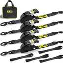 KJE Retractable Ratchet Straps, (4) 2" x 10' Automatic Tie Down Strap Sets + (4) Soft Loops - Heavy Duty 3,300lb Max Break Strength, S-Hook with Clip, Self Retracting Strap for Motorcycle, Kayak, ATVs, 2" x 10' + 1.5" x 17''