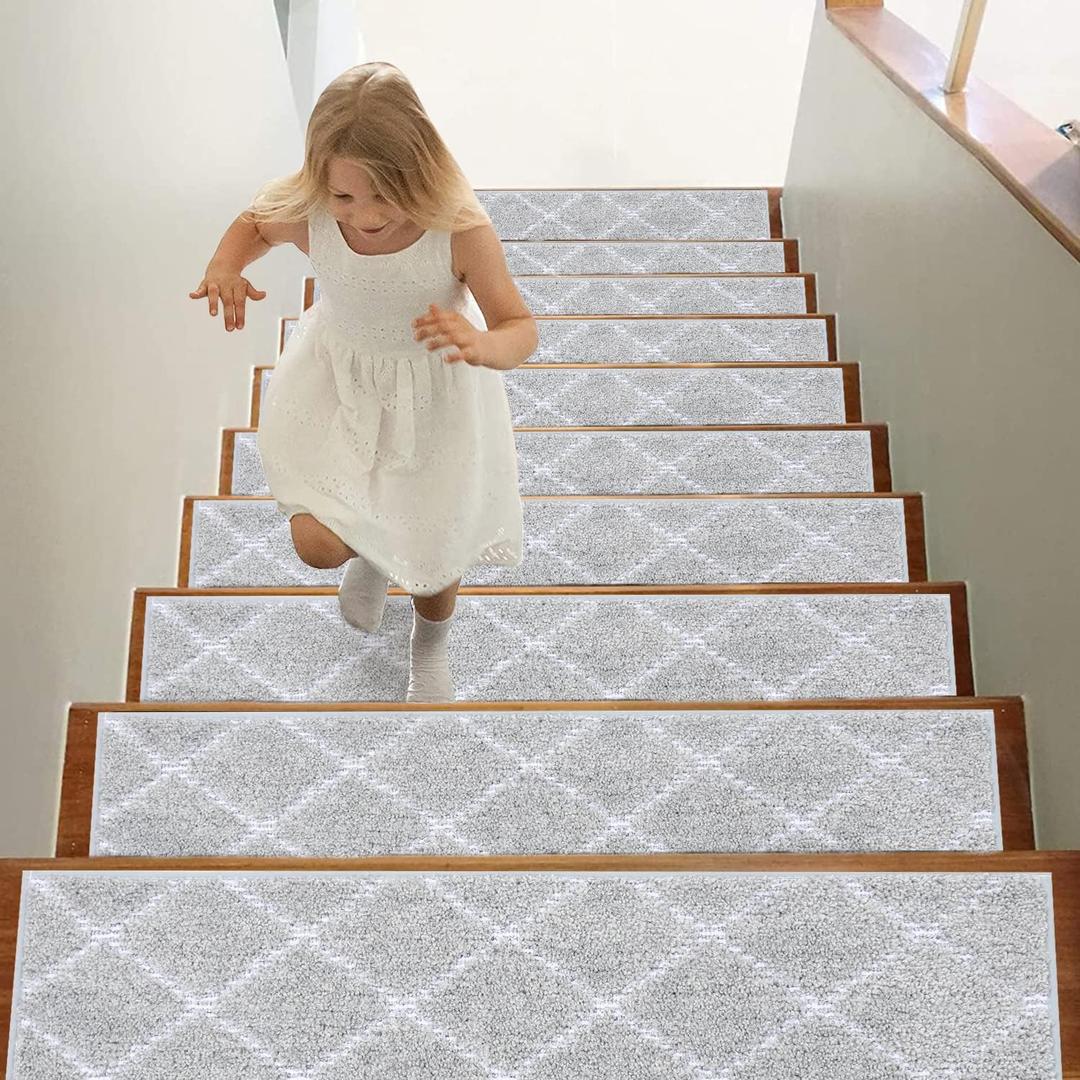 BEQHAUSE Stair Treads 15 Pack Self-Adhesive Stair Mats 28inX9in Stair Treads for Wooden Steps Non-Slip Stair Grips Polyester Soft Edging Stair Rugs Grey Stair Runner