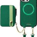 LAMEEKU for iPhone 16 Pro Max Wallet Case for Magsafe, Magnetic Card Holder Zipper Case with Phone Grip Holder Stand Adjustable Strap for iPhone 16 Pro Max 6.9'' Green