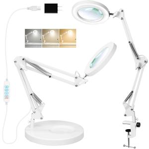 KIRKAS 10X Magnifying Glass with Light and Stand, 2-in-1 Stepless Dimmable LED Magnifying Lamp with Clamp, 3 Color Modes Lighted Magnifier Lens Swivel Arm Light for Reading, Craft, Close Works -White