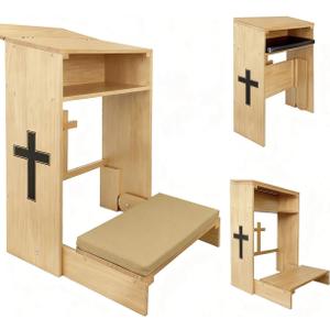 Wooden Prayer Kneeler with Storage Shelf & Cushion - Folding Prayer Bench for Home and Church, Comfortable Kneeling Devotional Pew Bench, 32" H x 22" W, 10" x 39" x 8"