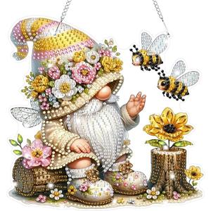 Bowetile Gnome Diamond Art Hanging Kits for Adults Kids, 5D Special Shape Bee Diamond Painting Flowers Pendant Kits, Gem Art Suncatchers Painting Window Ornament for Home Garden Wall Decor