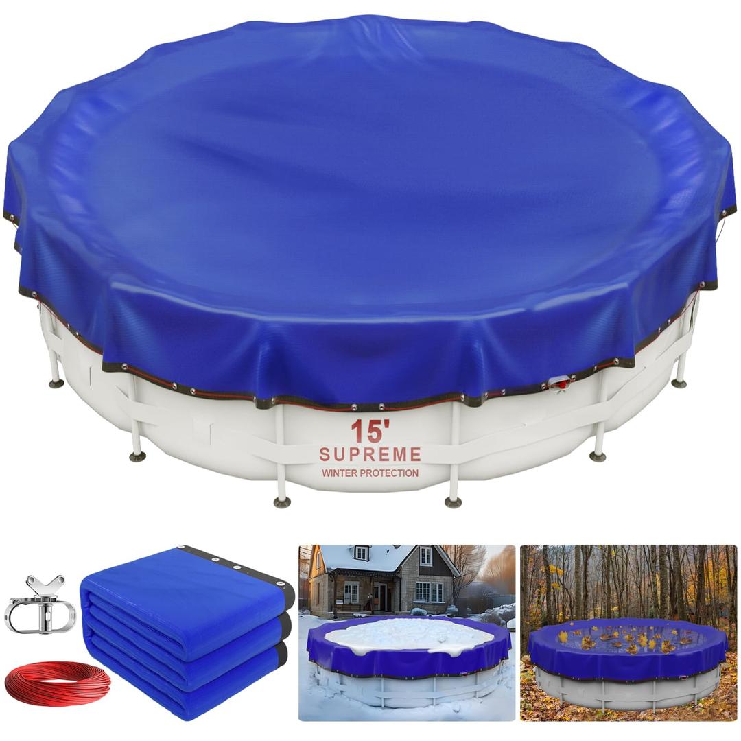 Winter Pool Cover 15 ft Round for Above Ground Pools, Extra Thick Durable Above Ground Swimming Pool Protection Cover, Encryption Grommets,Cold and UV Resistant with Premium Winch, Cable