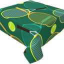Tennis Rackets and Balls Tablecloth Square 60 Inch Green Waterproof Table Cover for Party Picnic Dining Room Kitchen BBQ Wedding Indoor Outdoor Table Cloth Home Decor
