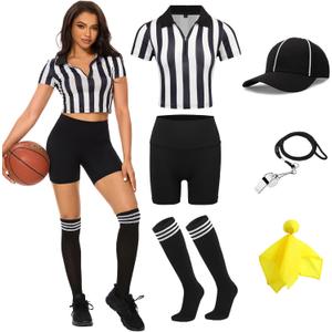redgino 6 Pcs Women Referee Costume Set Crop Top Sexy Zipper Ref Shirt Shorts Hat Socks Whistle for Football Halloween Party (Medium)