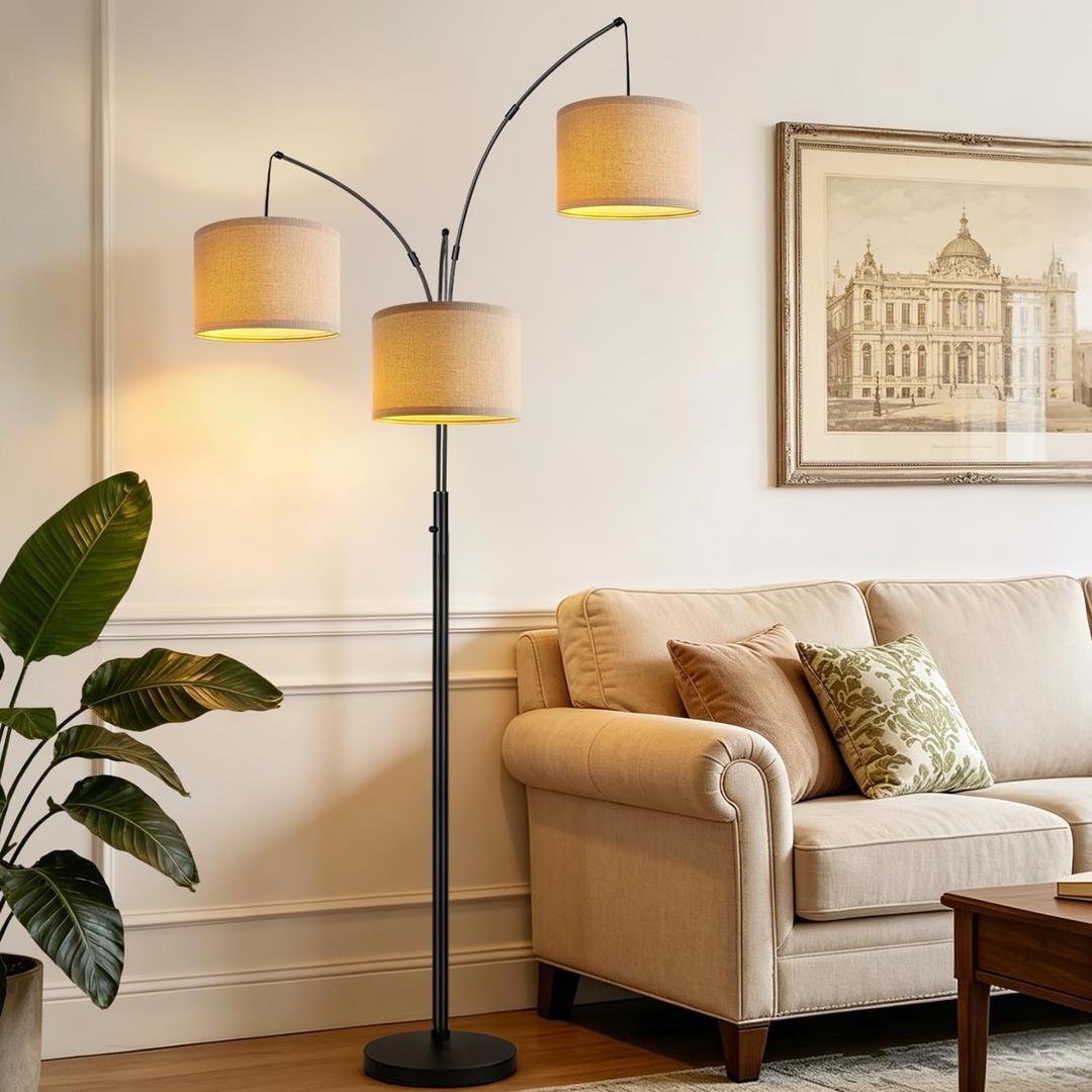 Dimmable 3 Lights Floor Lamp - 3000LM Super Bright Arc Floor Lamps for Living Room, Modern Tall Standing Lamp With Beige Shades, Mid Century Tree Floor Lamp for Bedroom Office, 3 LED Bulbs Included (Matte Black-Beige Linen Shades)