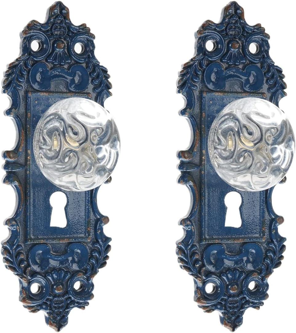 SOFFEE DESIGN 2pcs Vintage Cabinet Dresser Drawer Pulls, Distressed Closet Handles with Clear Resin Knob, Door Knobs for Cupboard, Kitchen Furniture - Blue, Glossy Blue Short 