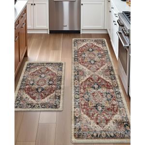 DEXI Kitchen Floor Mats Anti Fatigue, 17x29+17x59 Large Cushioned Runner Rug Waterproof, Standing Comfort Memory Foam Padded for Front Sink Laundry Office Set of 2, Beige and Red