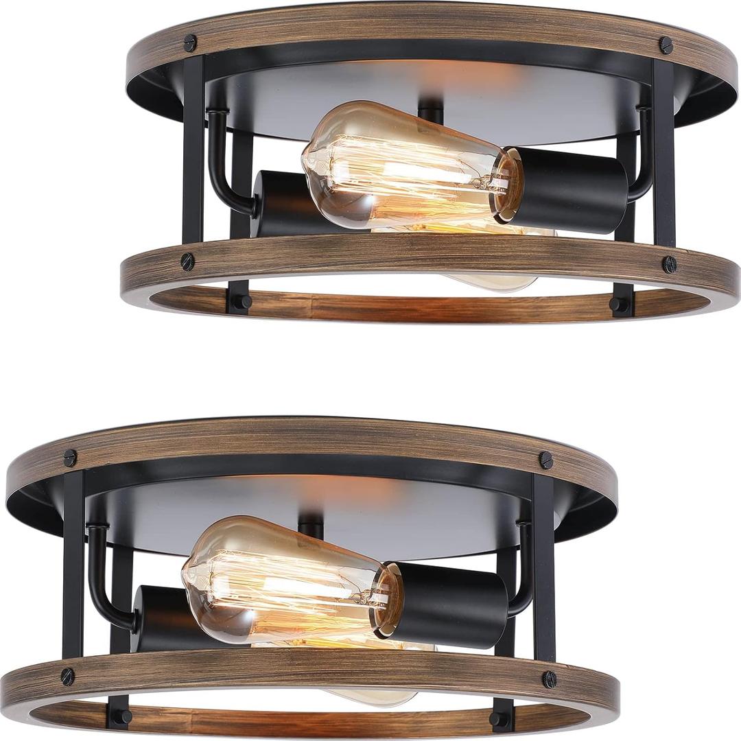 2 Pack Farmhouse Retro Style Ceiling Light Fixtures, Super Bright E26 Base, Anti-Corrosion Imitation Wood, and Black Flush Mount Ceiling Light for Hallway, Kitchen, Entryway, Porch, Living Room, etc.
