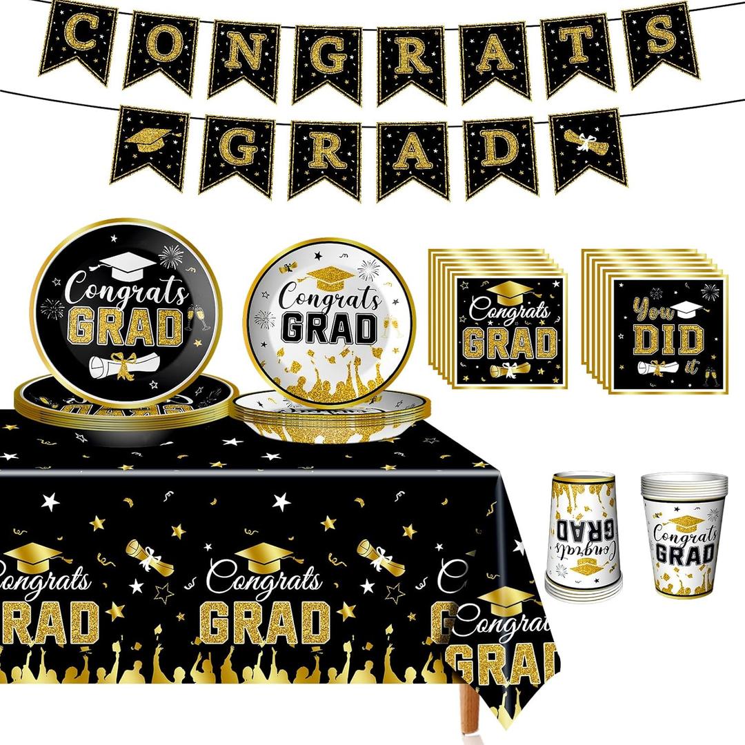 2025 Graduation Party Decorations, Black and Gold Decorations Party Supplies with Paper Plates, Napkins, Tablecloth, Cups, Banner for Grad Favors Supplies, Grad Tableware Kit Serves 24