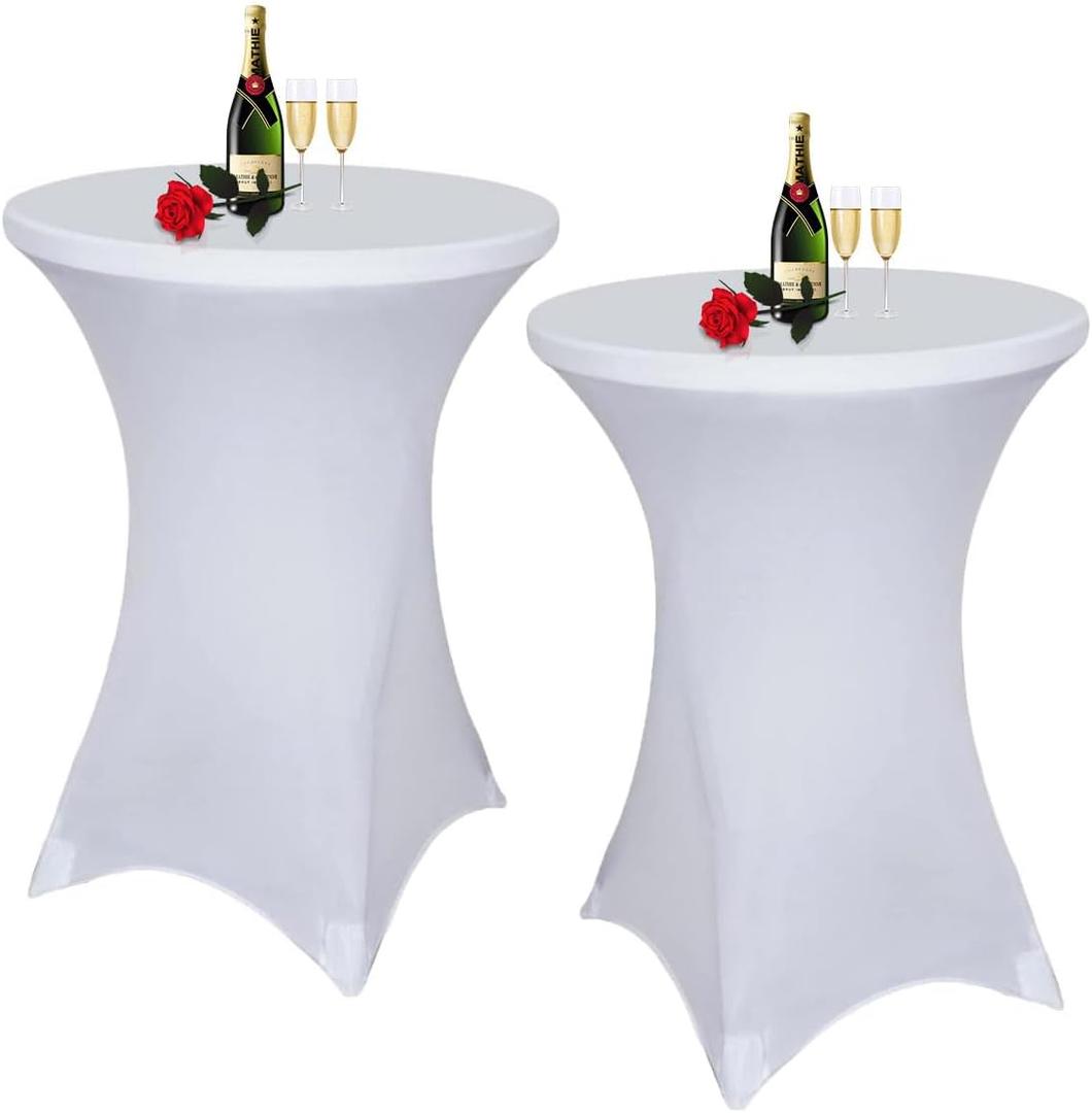 Albassa 2 Pack Cocktail Table Covers 32"x43" Spandex Stretch Highboy Top Tablecloth Fitted Round Table Cloths for Bar Wedding Cocktail Party Banquet Tables (2, White, 32"x 43")