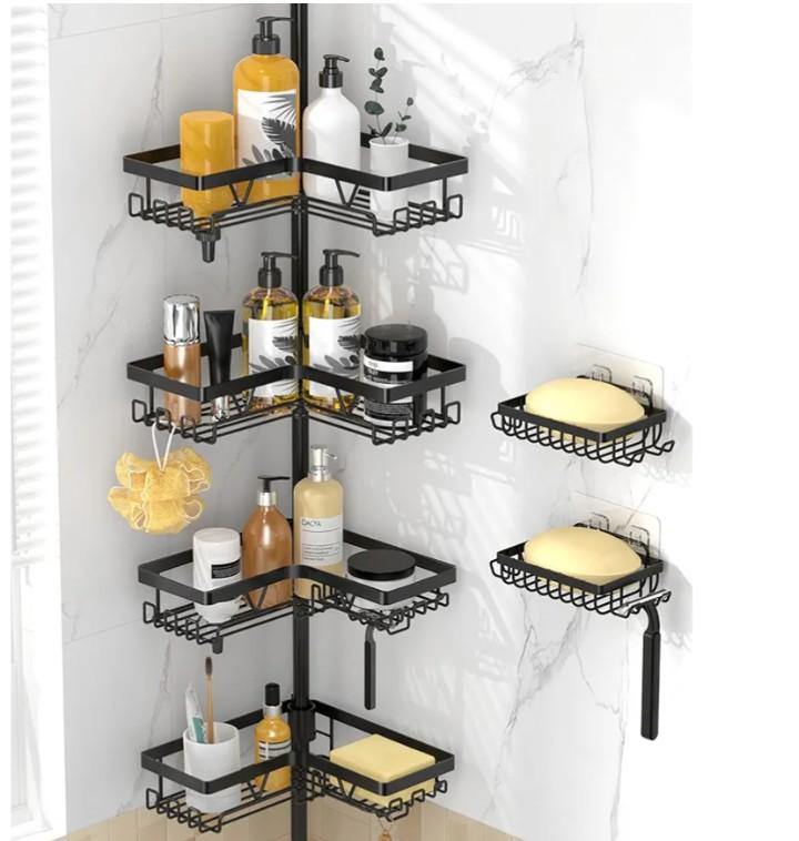 Corner Shower Caddy - 4-Tier Shower Caddy Tension Pole with 2 Removable Soap holders Bathroom Shampoo Holder for Bathtub & Corner, Black, Floor to Ceiling 25-114.2 inch