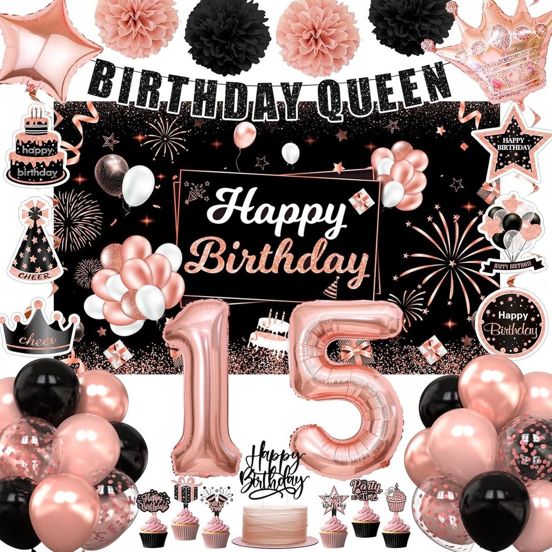 15th Birthday Decorations for Girls, Rose Gold 15 Birthday Party Packs (55pcs), Number 15 Balloons Fiol, Hanging Swirl Flags, Backdrop, Cake Toppers for Girls 15th Birthday
