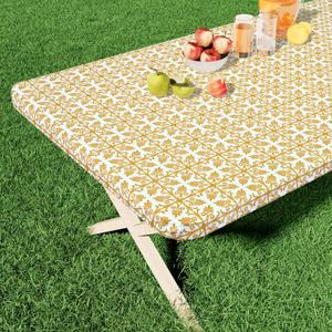 misaya Rectangle Vinyl Table Cloth, Elastic Fitted Flannel Backed Tablecloth, 100% Waterproof Plastic Table Cover Fits Folding Tables for Picnic, Camping, Outdoor (Gold, 36" x 60")