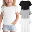 3 Pack Toddler Girls' Short Sleeve Tops | Baby, Cute, Tee, Crop, Lettuce Trim, Kids, T-shirt, Boat Neck, Blouse, Solid, Casual, Summer, Plain, Classic, Elegant