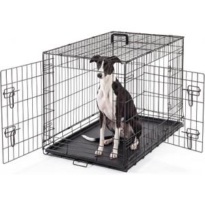 DUMOS Dog Crate, 36 Inch Medium Double Door Dog Cage with Plastic Leak-Proof Pan Tray, Folding Metal Wire Pet Kennel for Indoor, Outdoor, Travel, Black