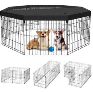 Dog Pen Pet Playpen Dog Fence Indoor Foldable Metal Wire Exercise Puppy Play Yard Pet Enclosure Indoor Outdoor 8 Panels 24 Inch with Bottom Pad/Top Cover (Black with top Cover)