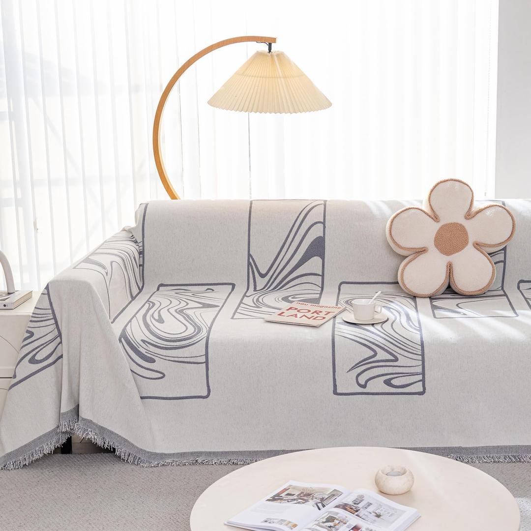 Boho Couch Cover, Chenille Couch Cover Soft Pet-Friendly Sofa Cover for Dog, Sofa Slipcover Multi-use Furniture Protector with Tassels,Washable Cover for 3 Cushion Sofa (71" x 118", French Murals Grey)