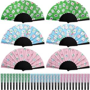 Threehoney 36 Pcs Mahjong Gifts Mah Jong Folding Fan Bulk Decorations Birthday Fabric Handmade Chinese Gift for Mahjong Lovers Player Gifts Home Mah Jong Game Night Party Accessories Green and Pink