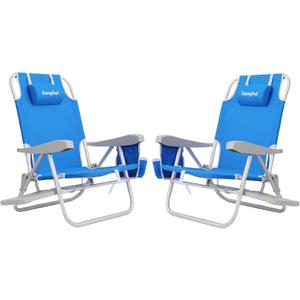SUNNYFEEL Portable Beach Chair, Lightweight Beach Chair for Adults, Folding Camping Chair with Side Table & Organizer Bag, 3 Position Adjustable, Support 300lbs Heavy Duty, Low Back, Blue, 2 Pack