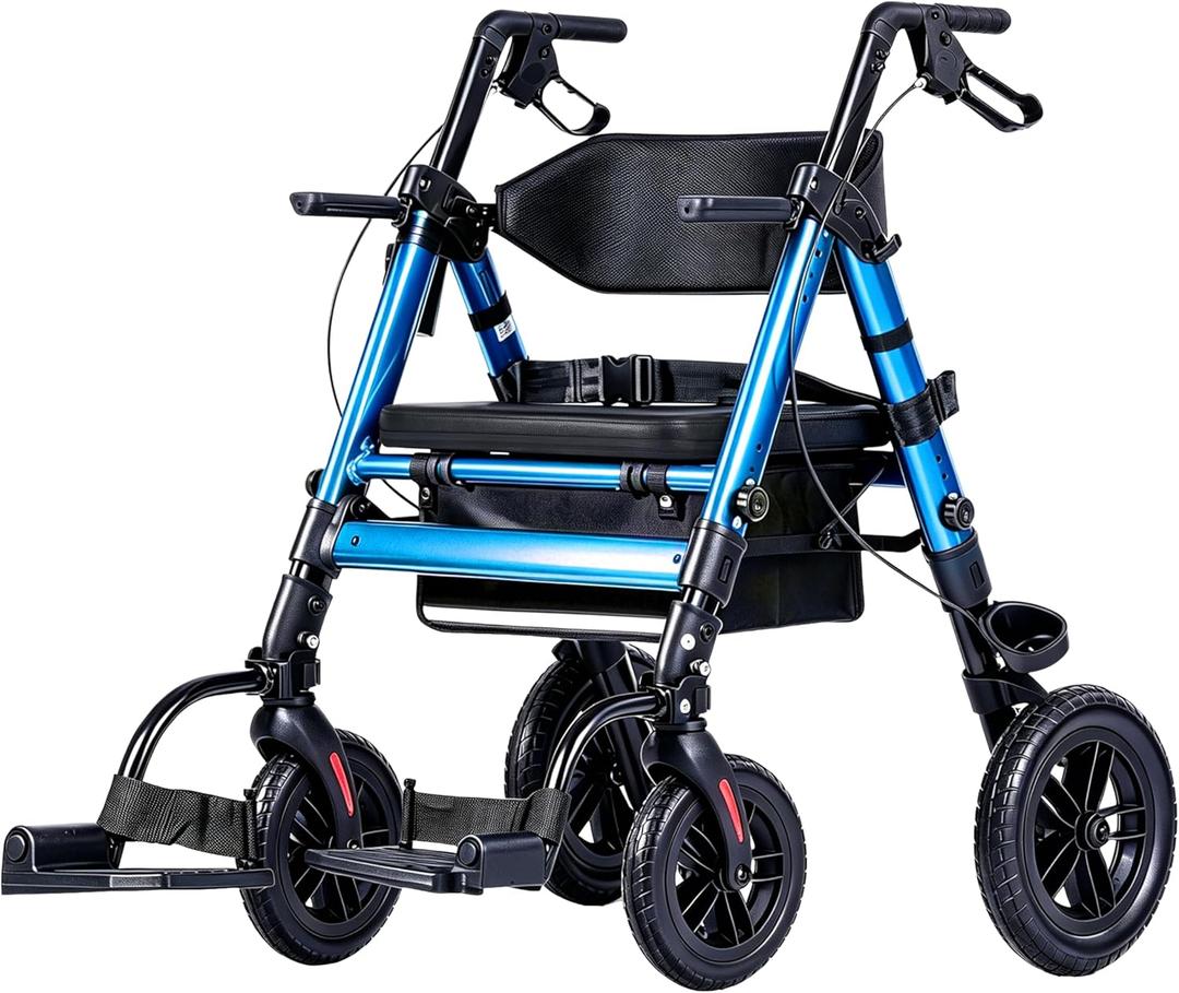 Ambliss 2-in-1 Rollator Walker Transport Chair Heavy Duty 450 lbs Rolling Walkers with Seat for Seniors, 10" Rear & 8" Front All Terrain Wheels, Adjustable Height, Folding Mobility Aid for Adults