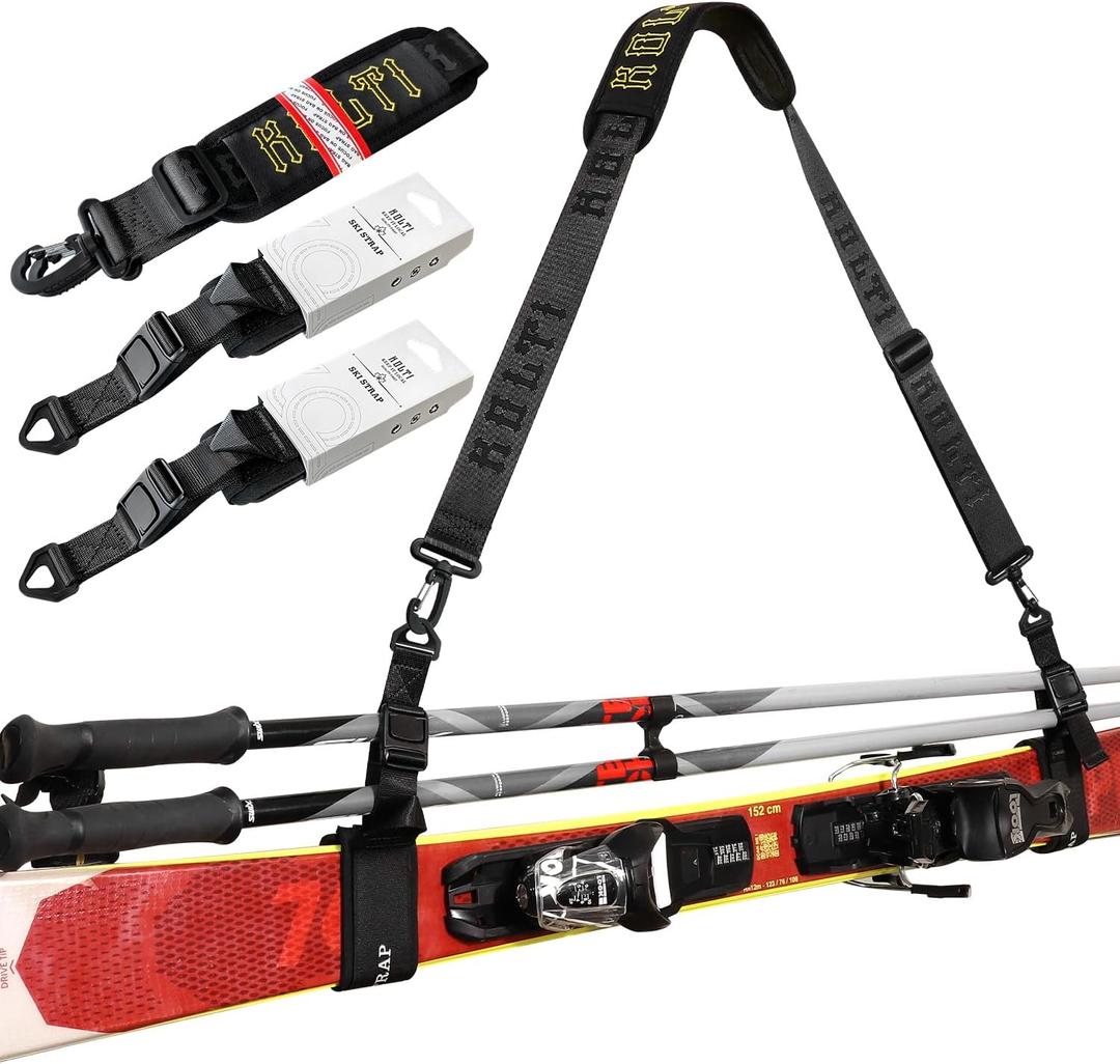 Kolti Ski Strap & Pole Carrier, Adjustable Shoulder Straps Features Cushioned Shoulder Pad & Strong Buckle (Black)